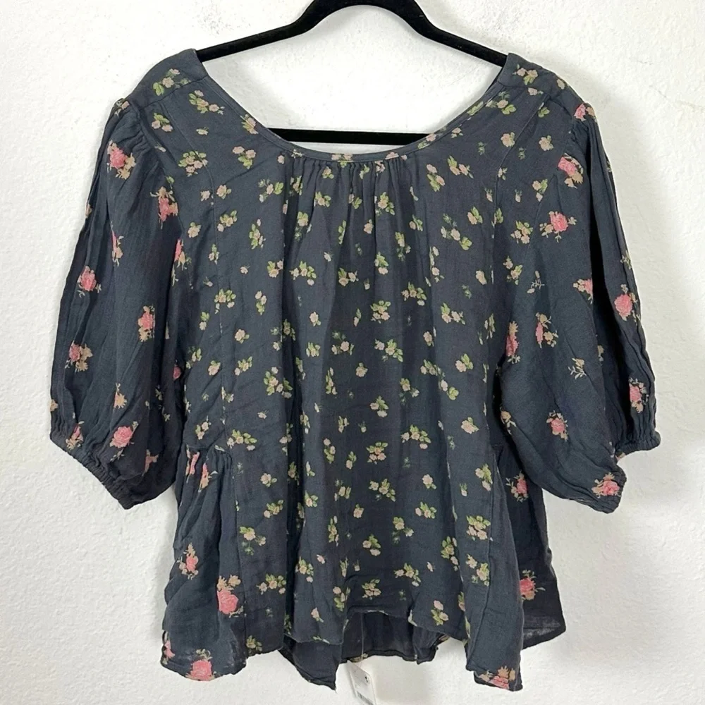 Free People Chloe Printed Top Washed Black Floral Large NWT Cottage Bow Gauze